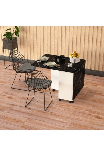 Asra Trend MDF Katlanır Mutfak Yemek Çalışma Masası, Beyaz-Royal Mermer, 155×75×70 cm, KM-15 - Resim 2