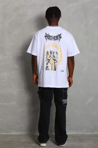 Unisex Oversize Baskılı Bisiklet Yaka T-Shirt - Beyaz - 4