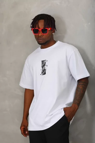 Unisex Oversize Baskılı Bisiklet Yaka T-Shirt - Beyaz - 2