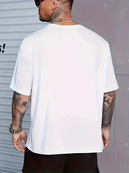 Baskılı Oversize Bisiklet Yaka T-shirt - Beyaz - 2