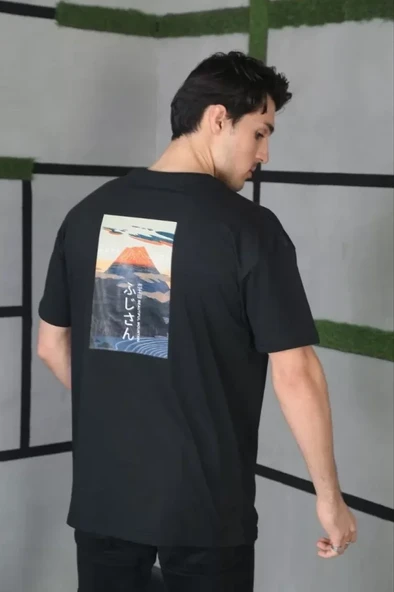 Unisex Bisiklet Yaka Baskılı Oversize T-Shirt - Siyah - 3