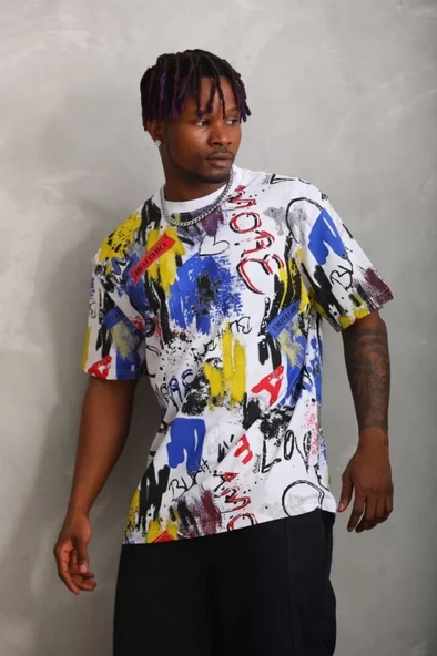 Unisex Oversize Baskılı Bisiklet Yaka T-Shirt - Beyaz - 3
