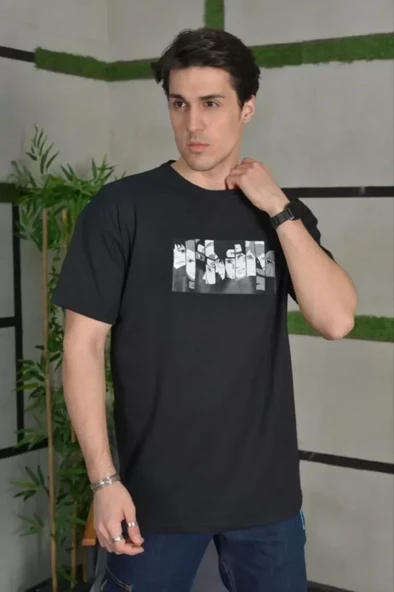 Unisex Bisiklet Yaka Baskılı Oversize T-Shirt - Siyah - 1