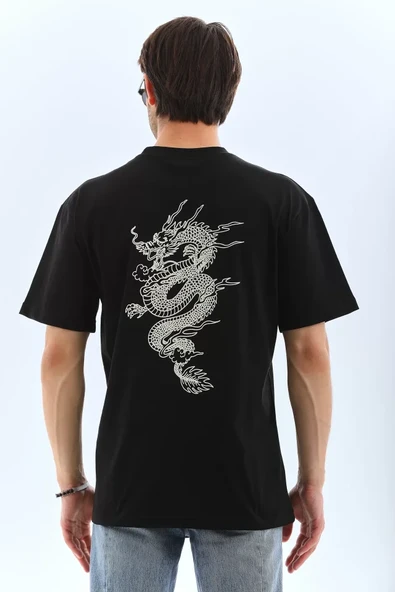 Unisex Oversize Baskılı Bisiklet Yaka T-Shirt - Siyah - 2