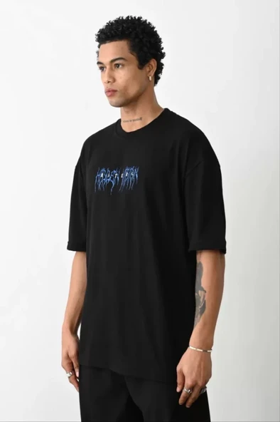 Unisex Baskılı Oversize T-Shirt - Siyah - 2