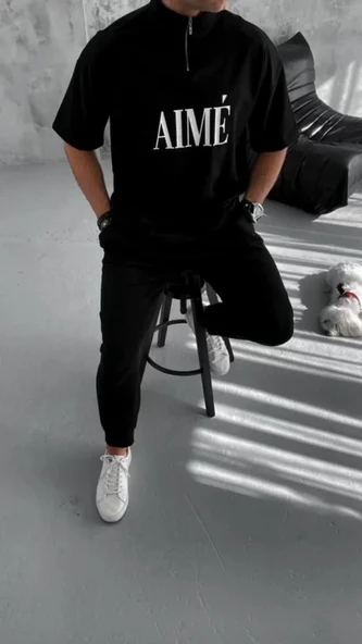 Unisex Yarım Fermuarlı Baskılı T-Shirt - Siyah - 3