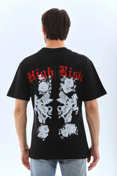 Unisex Oversize Baskılı Bisiklet Yaka T-Shirt - Siyah - 2