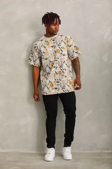 Unisex Oversize Baskılı Bisiklet Yaka T-Shirt - Gri - 3