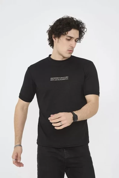 Unisex Bisiklet Yaka Slim Fit T-Shirt- Siyah - 4