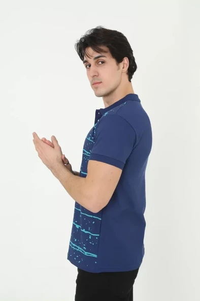 Erkek Yakalı Slim Fit Pike Çizgili T-Shirt - Mavi - 3