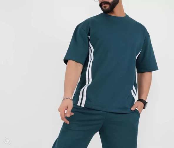 Unisex Oversize Yanları Şeritli T-Shirt - Cam Göbeği - 2