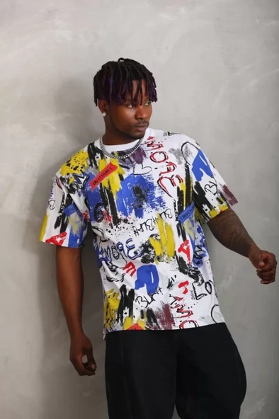 Unisex Oversize Baskılı Bisiklet Yaka T-Shirt - Beyaz - 4