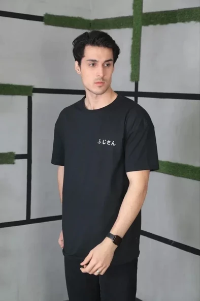 Unisex Bisiklet Yaka Baskılı Oversize T-Shirt - Siyah - 2