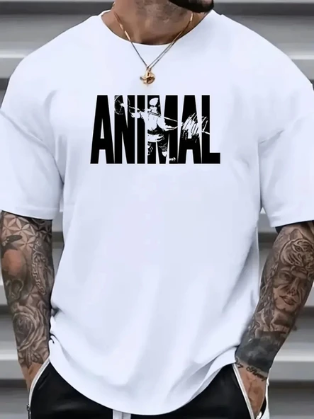Baskılı Oversize Bisiklet Yaka T-shirt - Beyaz - 1
