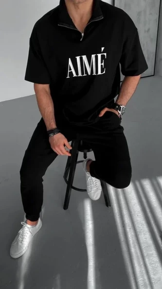 Unisex Yarım Fermuarlı Baskılı T-Shirt - Siyah - 2