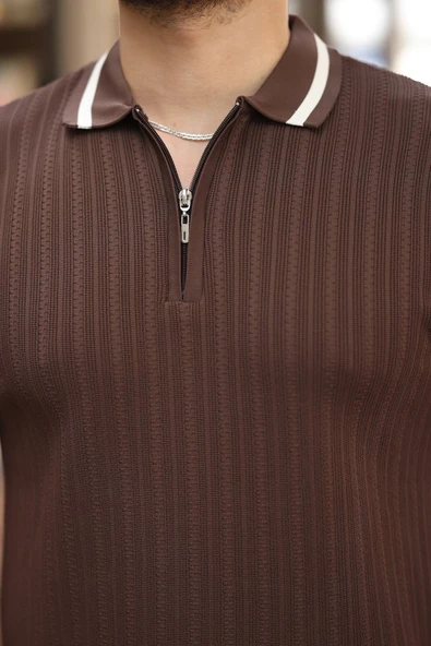 Erkek Yaka Ve Kolları çizgi Detaylı Fermuarlı Kısa Kollu T-shirt - 2