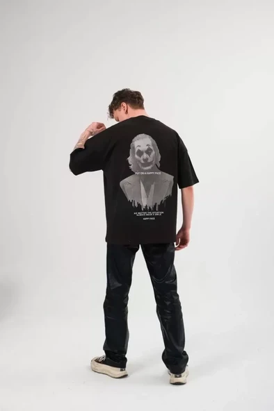 Unisex Bisiklet Yaka Baskılı Oversize T-Shirt - Siyah - 2