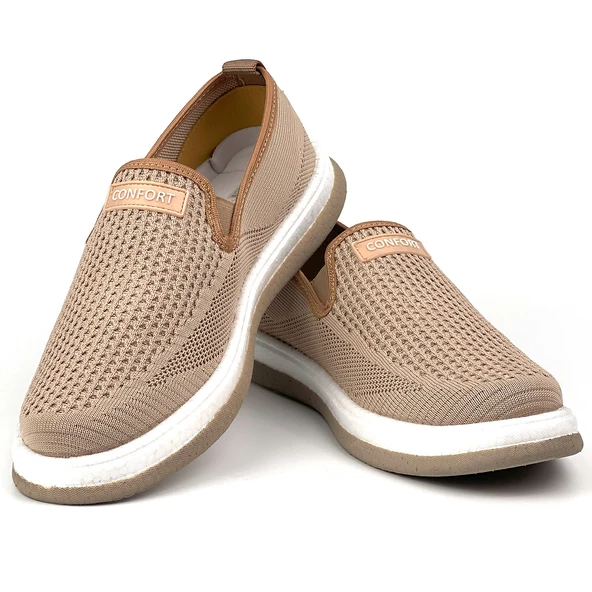 Erkek Bej Çok Hafif Triko Bağcıksız Esnek Hafif Günlük Casual Sneaker Spor Ayakkabı - Resim 4