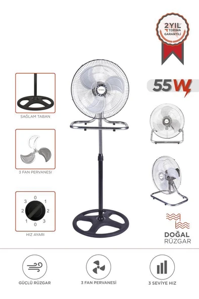 Torima SF-03 Gümüş Ayarlanabilir 18'' İnc Ayaklı 55W 3 Kademe 3 Pervaneli Vantilatör Fan - 1
