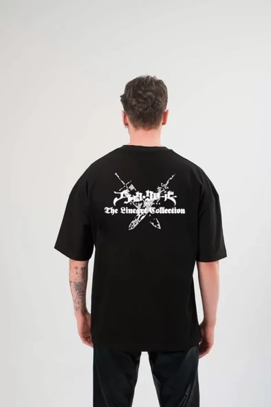 Unisex Bisiklet Yaka Baskılı Oversize T-Shirt - Siyah - 2