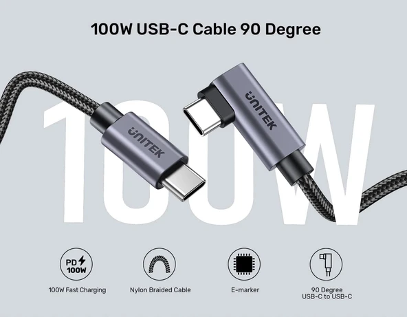 UNITEK TYPE-C HIZLI ŞARJ KABLOSU 90 DERECE 3 METRE 100W (C14123BK-3M) - 2