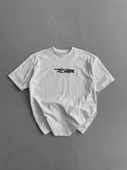 Baskılı Oversize Bisiklet Yaka T-shirt - Beyaz - 2