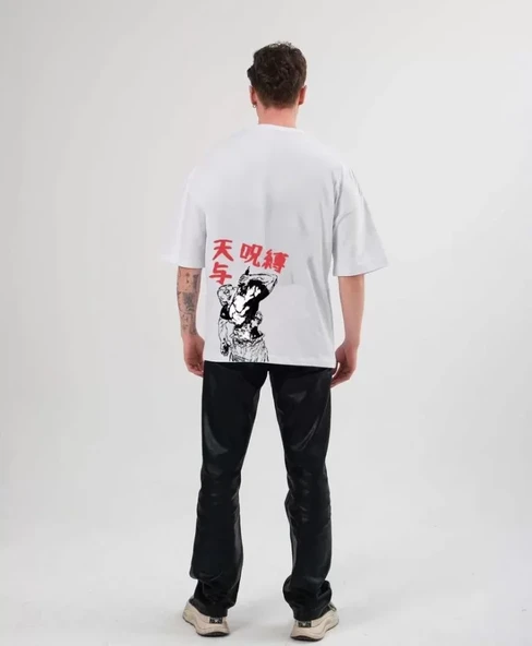 Unisex Bisiklet Yaka Baskılı Oversize T-Shirt - Beyaz - 2