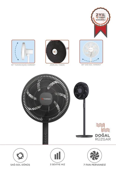 Torima SF-01 Siyah Ayarlanabilir Ayaklı 14'' İnc 45W 3 Kademeli 7 Pervaneli Vantilatör Fan - 1