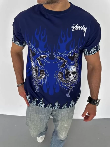 Unisex Bisiklet Yaka Baskılı Oversize T-Shirt - Lacivert - 3