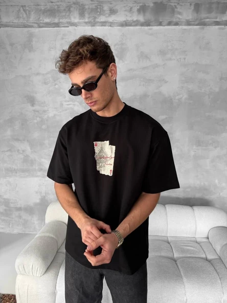Ön Ve Arka Baskılı Oversize Bisiklet Yaka T-shirt - Siyah - 3