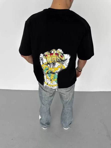 Unisex Bisiklet Yaka Baskılı Oversize T-Shirt - Siyah - 2