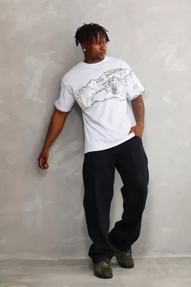 Unisex Bisiklet Yaka Baskılı Oversize T-Shirt - Beyaz - 3