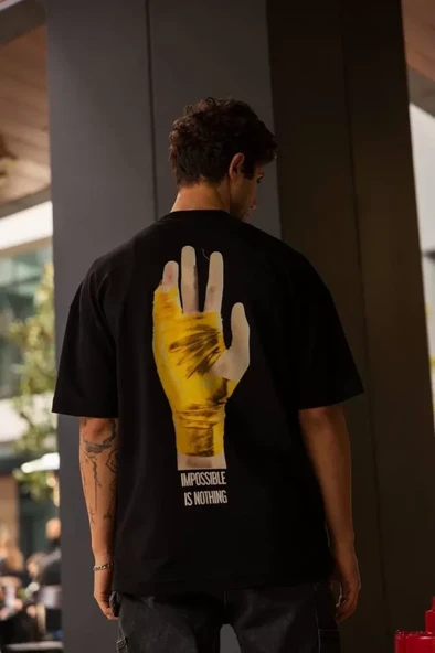 Unisex Bisiklet Yaka Baskılı Oversize T-Shirt - Siyah - 2