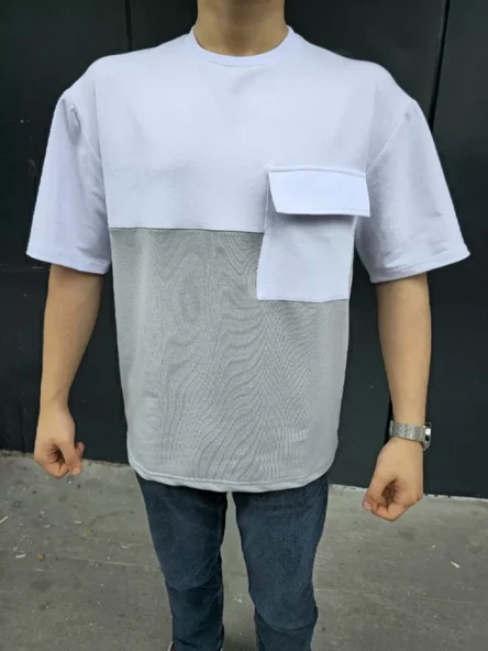Unisex Torba Cep Detaylı Parçalı T-Shirt - Gri - 2