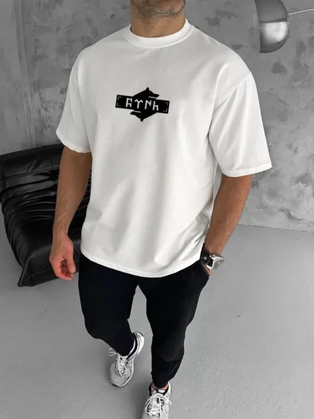 Unisex Bisiklet Yaka Baskılı Double Oversize T-Shirt - Beyaz - 2