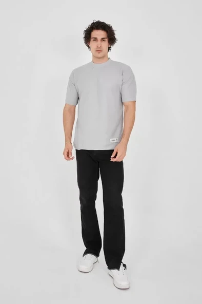 Unisex Waffle Kumaş Rahat Kol T-Shirt - Boyalı Gri - 3