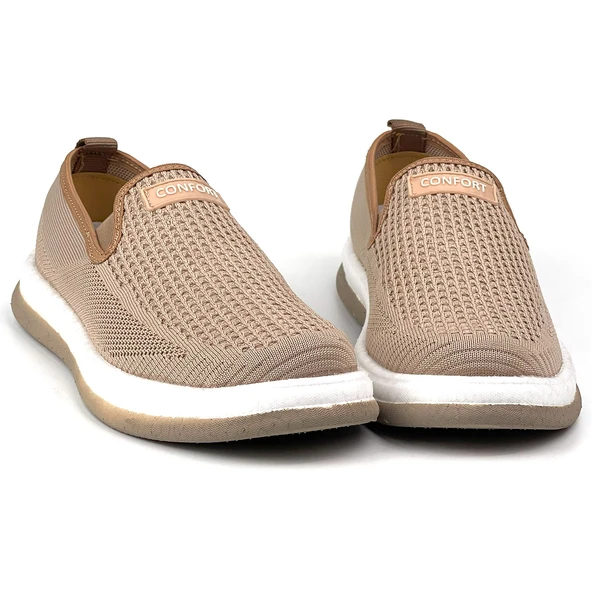 Erkek Bej Çok Hafif Triko Bağcıksız Esnek Hafif Günlük Casual Sneaker Spor Ayakkabı - Resim 3