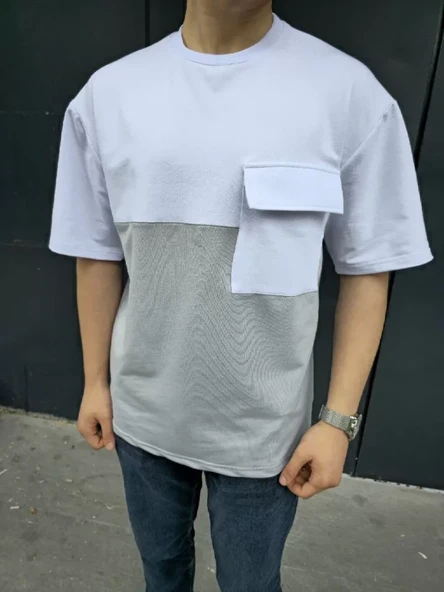 Unisex Torba Cep Detaylı Parçalı T-Shirt - Gri - 3