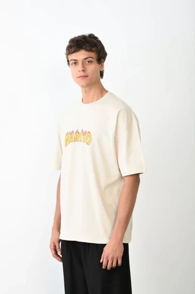 Unisex Bisiklet Yaka Baskılı Oversize T-Shirt - Beyaz - 3