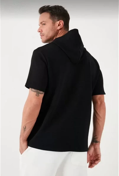 Unisex Kapşonlu Kısa Kol Düz Oversize T-shirt - Siyah - 3