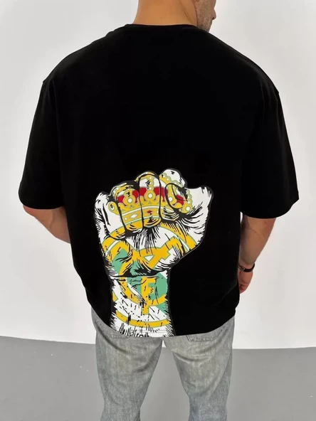 Unisex Bisiklet Yaka Baskılı Oversize T-Shirt - Siyah - 3