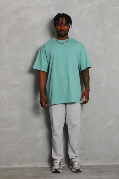Unisex Oversize Düz Bisiklet Yaka T-Shirt - Mint Yeşili - 4