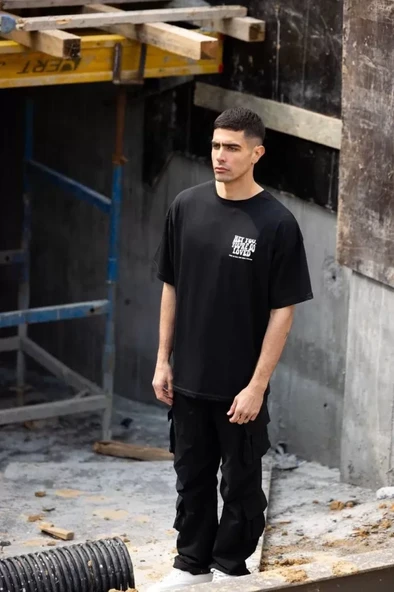 Unisex Bisiklet Yaka Baskılı Oversize T-Shirt - Siyah - 2