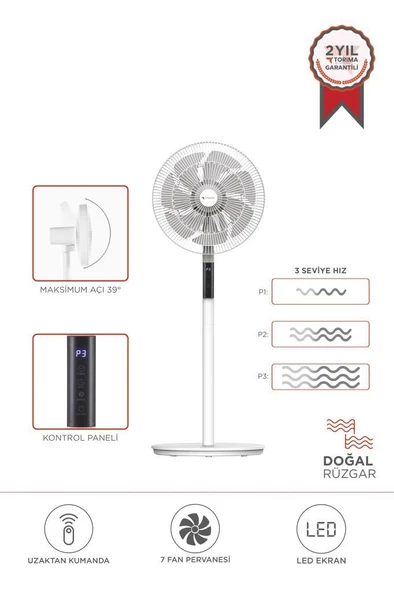 Torima SF-02 Beyaz Ayaklı 16'' İnc 60W 3 Kademe 7 Pervaneli Kumandalı Diğital Ekranlı Vantilatör Fan - 1