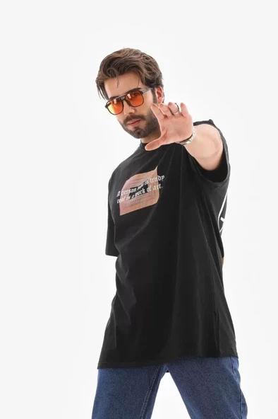 Unisex Bisiklet Yaka Baskılı Oversize T-Shirt - Siyah - 4