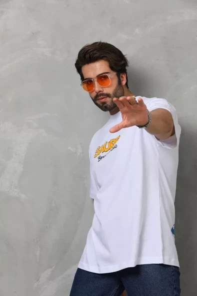 Unisex Bisiklet Yaka Baskılı Oversize T-Shirt - Beyaz - 2