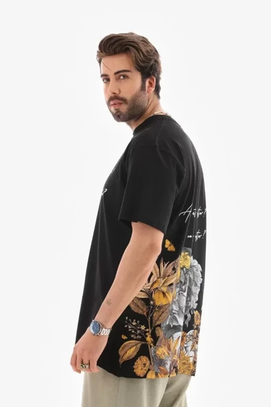 Unisex Bisiklet Yaka Baskılı Oversize T-Shirt - Siyah - 3