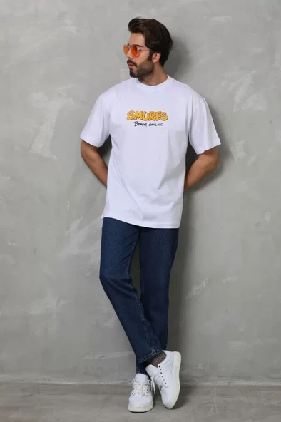 Unisex Bisiklet Yaka Baskılı Oversize T-Shirt - Beyaz - 4