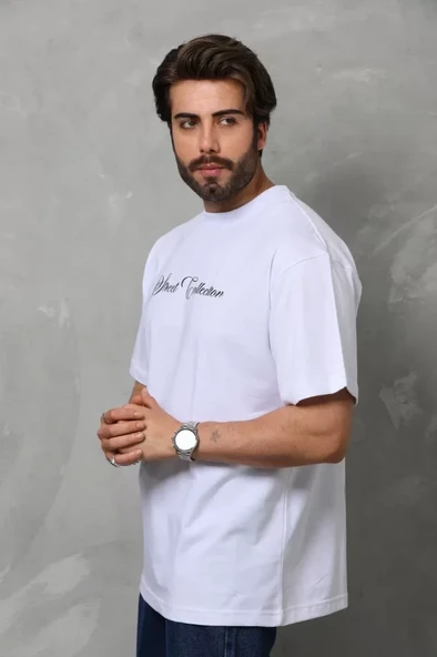 Unisex Bisiklet Yaka Baskılı Oversize T-Shirt - Beyaz - 3