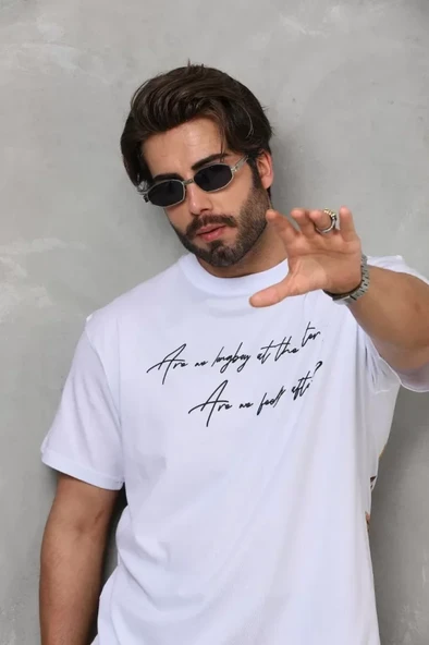 Unisex Bisiklet Yaka Baskılı Oversize T-Shirt - Beyaz - 4